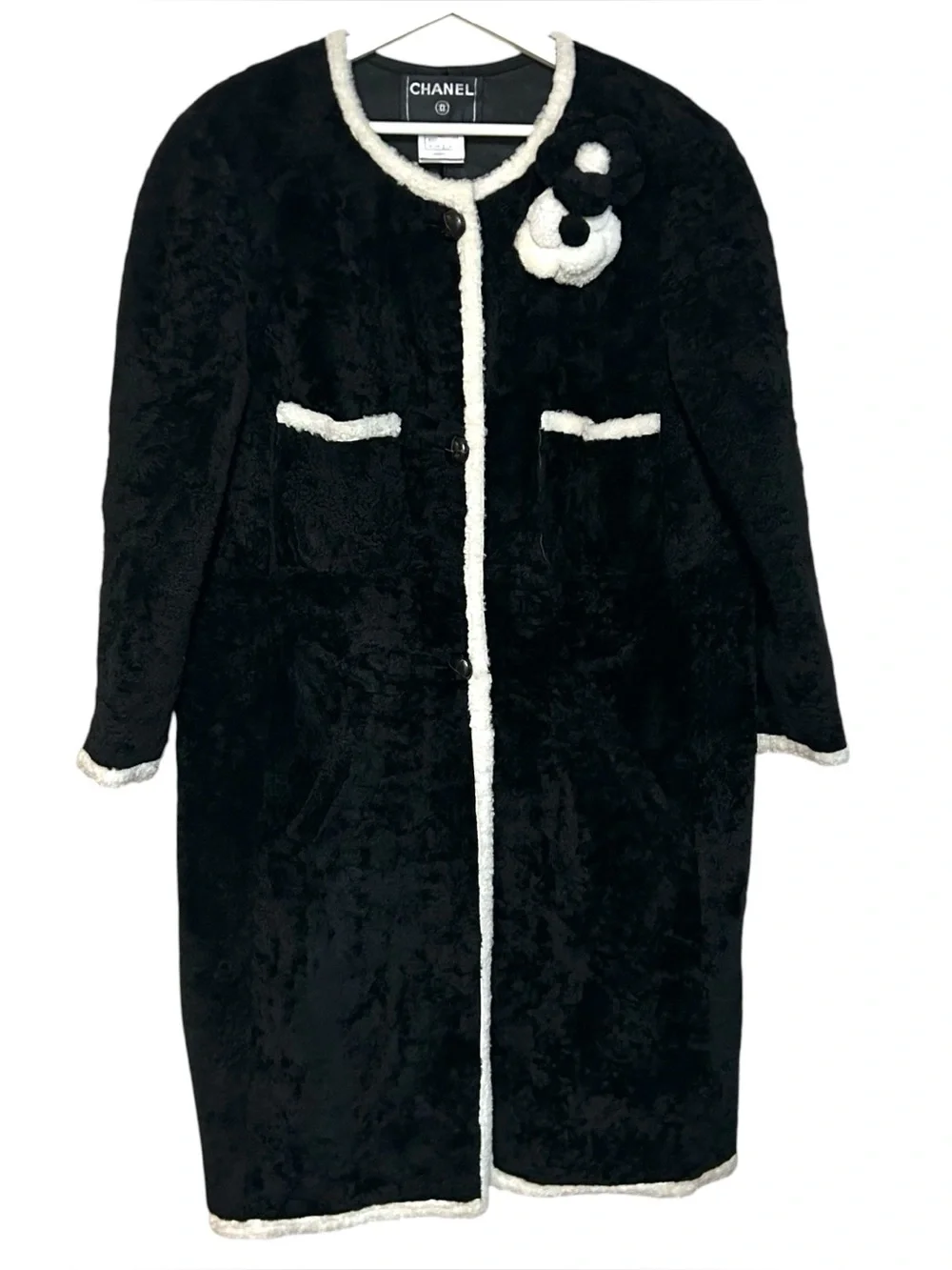 Chanel 48 shearling button coat camellia fur brooches RARE VINTAGE A03